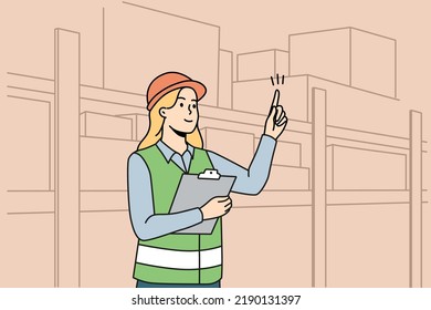 Woman engineer in uniform working at warehouse. Female employee in helmet busy at depot or storehouse. Vector illustration. 