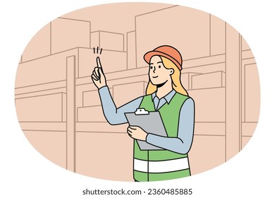 Woman engineer in uniform working at warehouse. Female employee in helmet busy at depot or storehouse. Vector illustration.