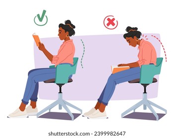 Woman Engrossed In A Book Sits On Chair With Proper And Improper Body Postures. Right Pose Involves Sitting With A Straight Back, Eyes At Screen Level. Wrong Includes Slouching, Or Straining The Neck