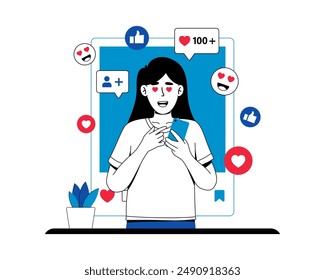 Mujer absorta en su smartphone, buscando validación a través de likes, comentarios y notificaciones. Ilustración vectorial de la adicción a los medios sociales