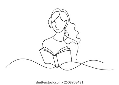 Woman engrossed in reading a book, showcasing her enjoyment and concentration in a whimsical style One line continuous line art vector illustration on white background