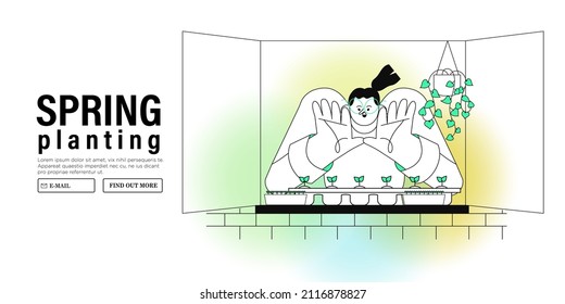 Woman enjoy arranging garden at home or apartment. Spring season vegetables, herbs, flower or microgreens planting. Character with her urban indoor garden. Smart eco farming vector illustration.