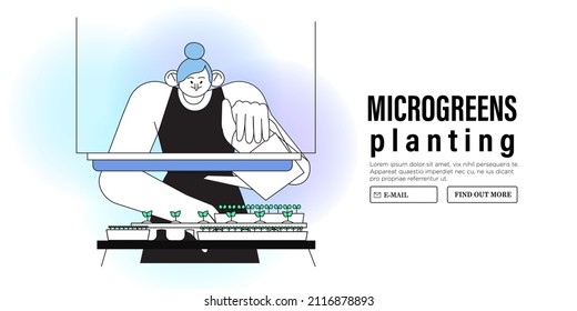 Woman enjoy arranging garden at home or apartment. Spring season vegetables, herbs, flower or microgreens planting. Character with her urban indoor garden. Smart eco farming vector illustration.