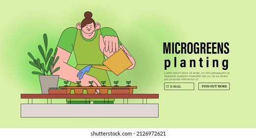 Woman enjoy arranging garden at home or apartment. Spring season vegetables, herbs, flower or microgreens planting. Character with her urban indoor garden. Smart eco farming vector illustration.