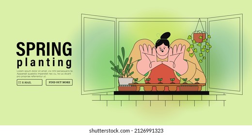 Woman enjoy arranging garden at home or apartment. Spring season vegetables, herbs, flower or microgreens planting. Character with her urban indoor garden. Smart eco farming vector illustration.