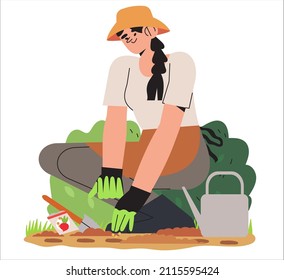 Woman enjoy arranging garden and planting. Spring season vegetables, herbs, flower or greenary planting. Character put plant seedlings into the ground. Farmer gardening or agriculture hobby.