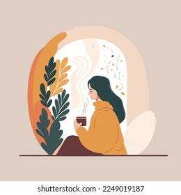 woman enjoy drink cup of coffee or tea Hygge concept vector flat cartoon illustration for banner poster