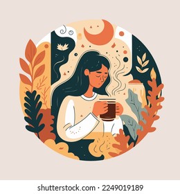 woman enjoy drink cup of coffee or tea Hygge concept vector flat cartoon illustration for banner poster