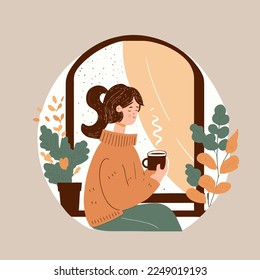 woman enjoy drink cup of coffee or tea Hygge concept vector flat cartoon illustration for banner poster