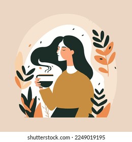 woman enjoy drink cup of coffee or tea Hygge concept vector flat cartoon illustration for banner poster