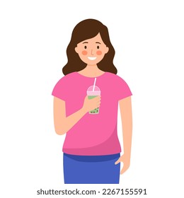 Woman enjoy drinking bubble milk tea in flat design on white background.