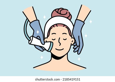 Woman enjoy face skin treatment in saloon. Happy calm female client having microdermabrasion peeling in spa. Skincare routine. Vector illustration. 