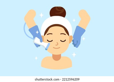 Woman enjoy face skin treatment in salon. Happy calm female client having microdermabrasion peeling in spa. Skincare routine. Vector illustration rejuvenation, cosmetology, hydration, spa.