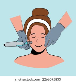 Las mujeres disfrutan del tratamiento facial en el salón. Una clienta femenina tranquila feliz con microdermabrasión descascarillada en el spa. Rutina de cuidado de la piel. Ilustración vectorial.