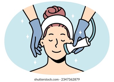 Woman enjoy face skin treatment in saloon. Happy calm female client having microdermabrasion peeling in spa. Skincare routine. Vector illustration.