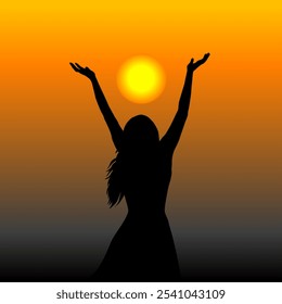 Woman enjoy life standing outside with her hands raised towards sunrise sky