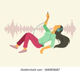 Woman Enjoy Listening and Floating in the Space with Sound Wave Pattern Background.