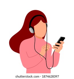 Woman enjoy listening online radio via music app in smartphone flat design on white background. Music lover.