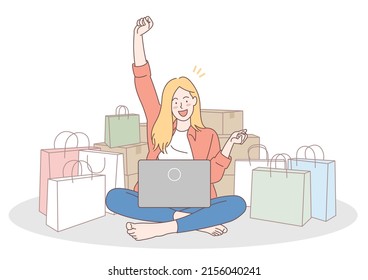 A woman enjoy in online shopping on a computer. with shopping bags and parcel boxes all around isolated on white background.illustration