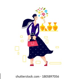 Woman enjoy scent in perfumery store smelling flower perfume in fashion boutique. Glamorous female choosing new perfume. Cartoon vector illustration