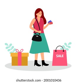 Woman enjoy shopping with credit card payment vector illustration on white background. Shopaholic girl.