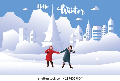 Woman enjoy in winter season with city on background, paper art and craft style