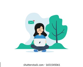 woman enjoy the working outside with her laptop
