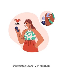 Woman enjoying ASMR sounds with headphones, with a microphone capturing audio detail. Vector illustration of sensory experience.