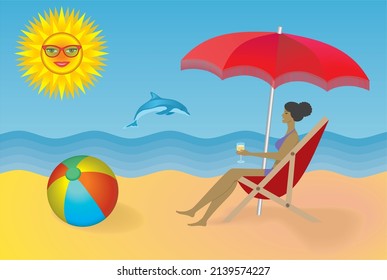 Mujer disfrutando de la playa. Ilustración vectorial.