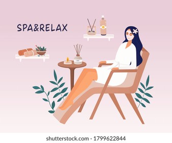 Woman Enjoying A Beauty Treatment At A Health Spa Relaxing On A Recliner Couch With Assorted Herbal Remedies Alongside, Colored Vector Illustration