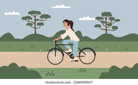 Woman Enjoying a Bike Ride. People cycling. Girl cycling. Rural park. Doing sport. Weekend. Leisure time. 