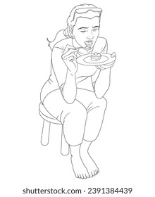 A woman enjoying the cake in outline and vector.