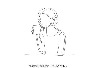 Woman enjoying coffee in the morning. Coffee morning concept one-line drawing