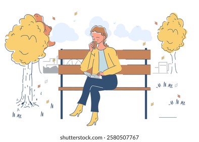 Woman enjoying coffee in park. Young girl with hot drink sitting on bench. Person enjoying autumn day and read book. Fall season scene, outdoor recreation. Linear vector illustration