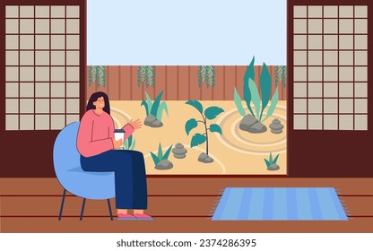 Woman enjoying coffee and Zen garden view vector illustration. Raked sand and stones with growing plants in backyard to practice silence and focus. Meditation, tranquility, design concept