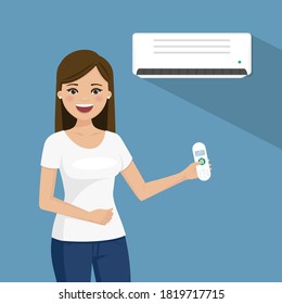 Woman enjoying the coolness of air conditioning. Vector illustration
