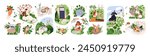 Woman enjoying cozy country lifestyle. Relaxing in countryside nature with book, farm animal. Cottagecore-style life on summer holiday. Flat graphic vector illustration isolated on white background