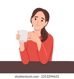Woman enjoying a cup of coffee. Girl holding hot drink. Flat vector illustration isolated on white background