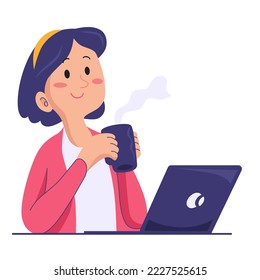 a woman enjoying a cup of warm coffee while working on a laptop