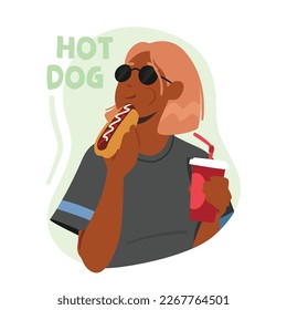 Woman Enjoying Delicious Hot Dog And Sipping Soda. Young Relaxed Female Character with Fast Food And Beverage Isolated on White Background. Cartoon People Vector Illustration