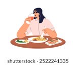 Woman enjoying dinner, eating food and drinking wine. Female sitting alone at dining table, relaxing with delicious meal, dish and wineglass. Flat vector illustration isolated on white background