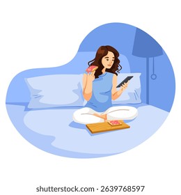 Woman enjoying a donut while browsing on smartphone, flat style, cozy bedroom background, concept of relaxation and leisure. Vector illustration