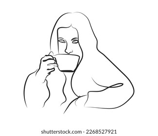 Woman Enjoying Drinking Coffee Gracefully Illustration with Silhouette Line Art Style