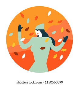 Woman enjoying with falling  Autumn leaves. Autumn scenery and activity. flat icon design. illustration vector