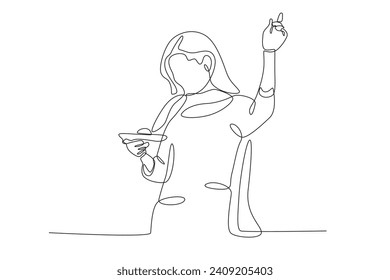 A woman is enjoying food while dancing at the Holi festival. Holi one-line drawing