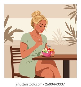 Woman Enjoying Fruit Bowl - Cartoon Character