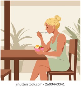 Woman Enjoying Fruit Bowl - Cartoon Character