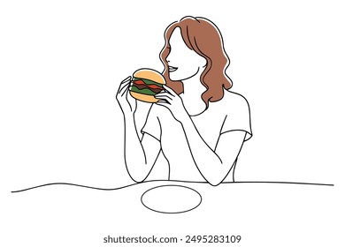 
Woman enjoying a hamburger at a restaurant, Hand drawn offset fill with doodle illustration