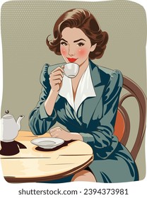 Woman enjoying her coffee in a red mug, a young woman holding her cup while sitting at a cafe table, depicted in a vintage illustration with a retro character