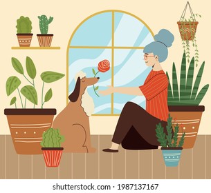 Woman enjoying her recreation time with pet at home among green houseplant, flat vector illustration. Home gardening, love and care of plants and animals.